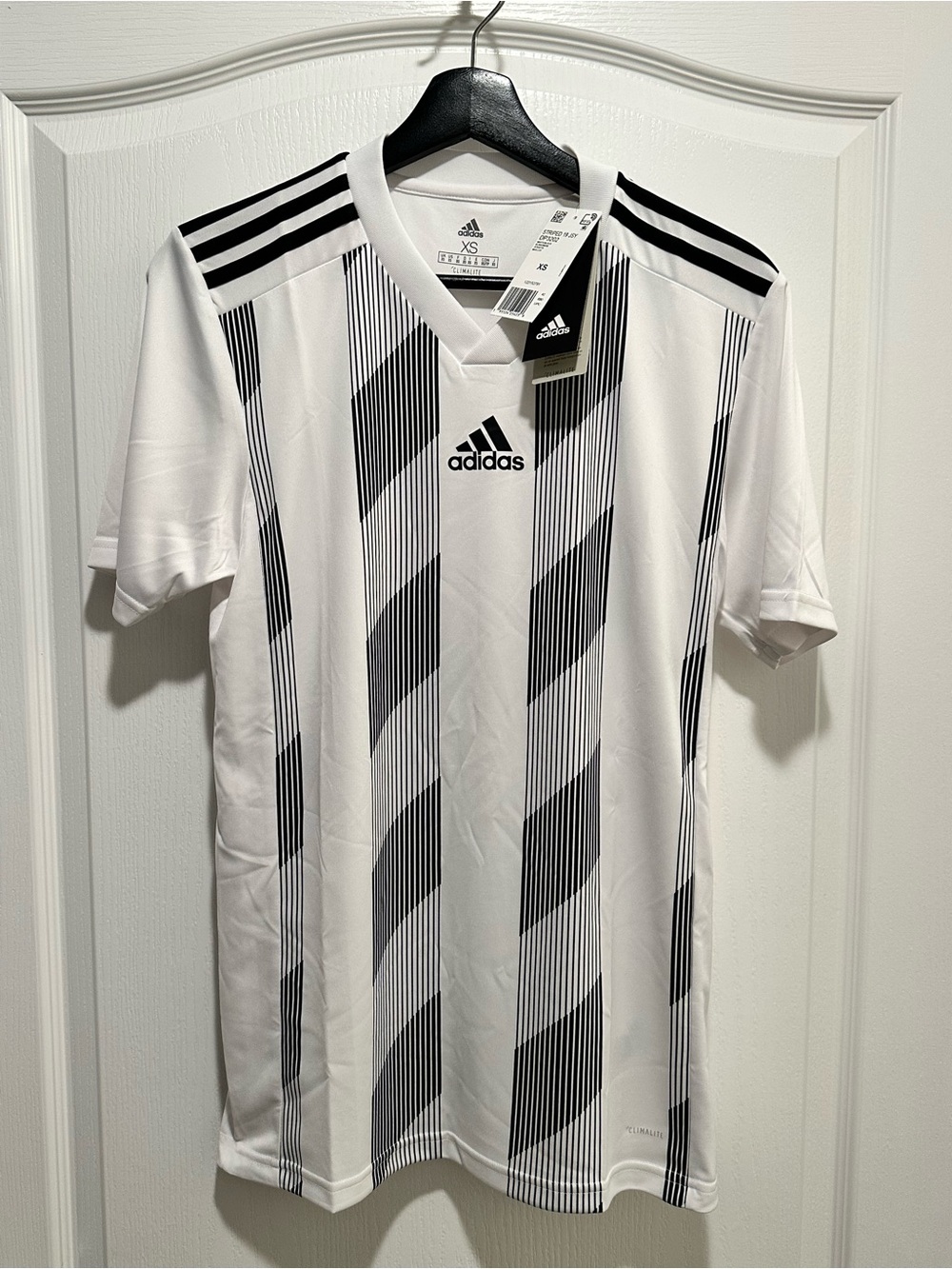 Adidas Men’s Black and White Striped Soccer Jersey, Size XS